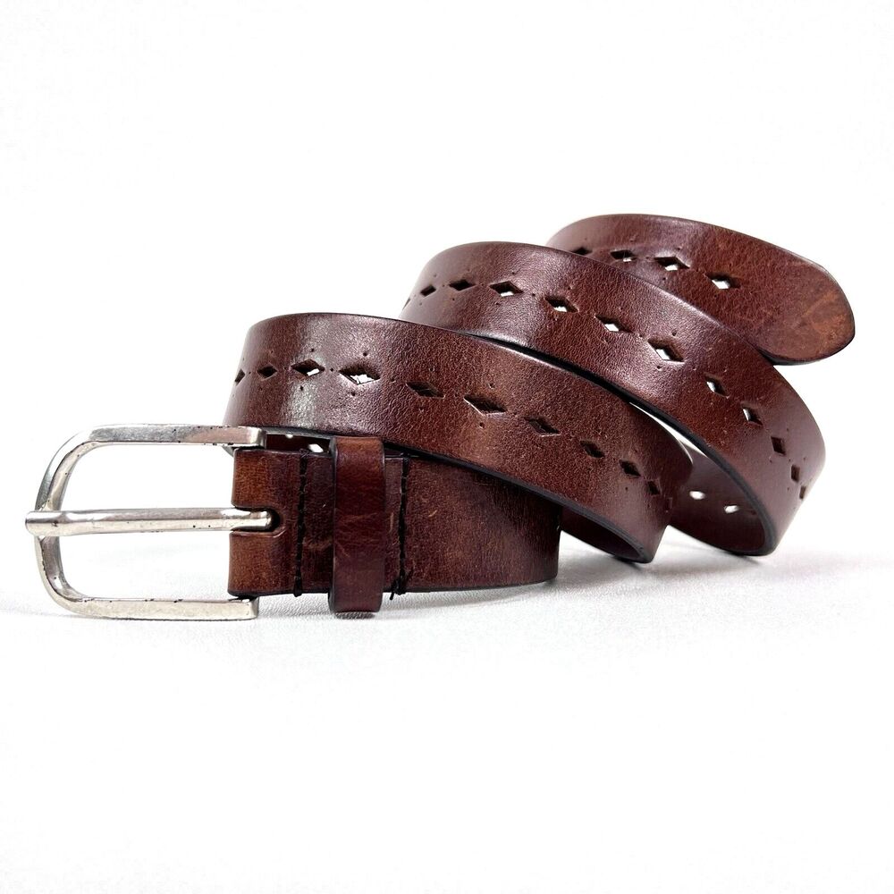 Fabio Corti Brown Leather Belt Diamond Cut-Outs Made in Italy Size Medium 38"